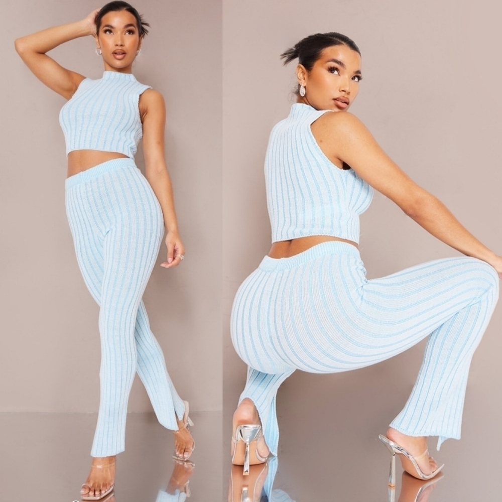 NWOT Blue Contrast Knitted Sleevless Top and Slit Ankle Pants